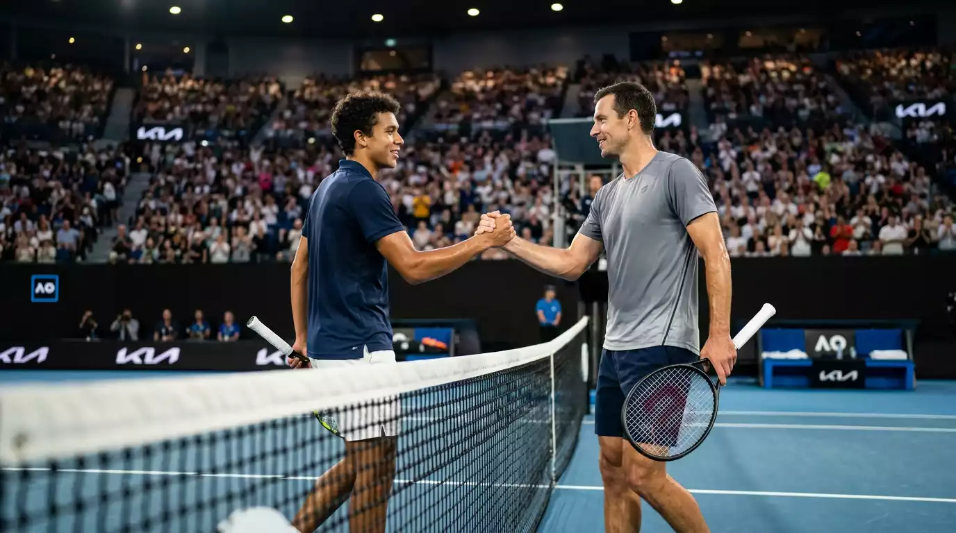 Carlos Alcaraz y Novak Djokovic en la red tras un partido del Australian Open