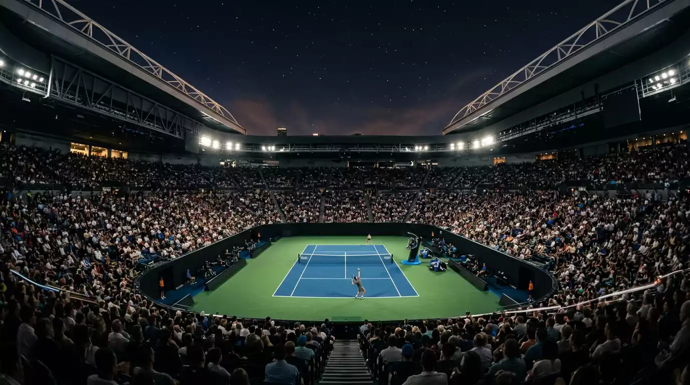 Sesión nocturna de tenis en la Rod Laver Arena con el público siguiendo un partido del Australian Open