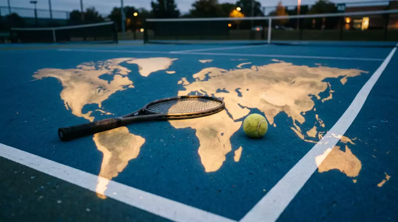 Raqueta de tenis sobre pista dura con datos de mercado superpuestos