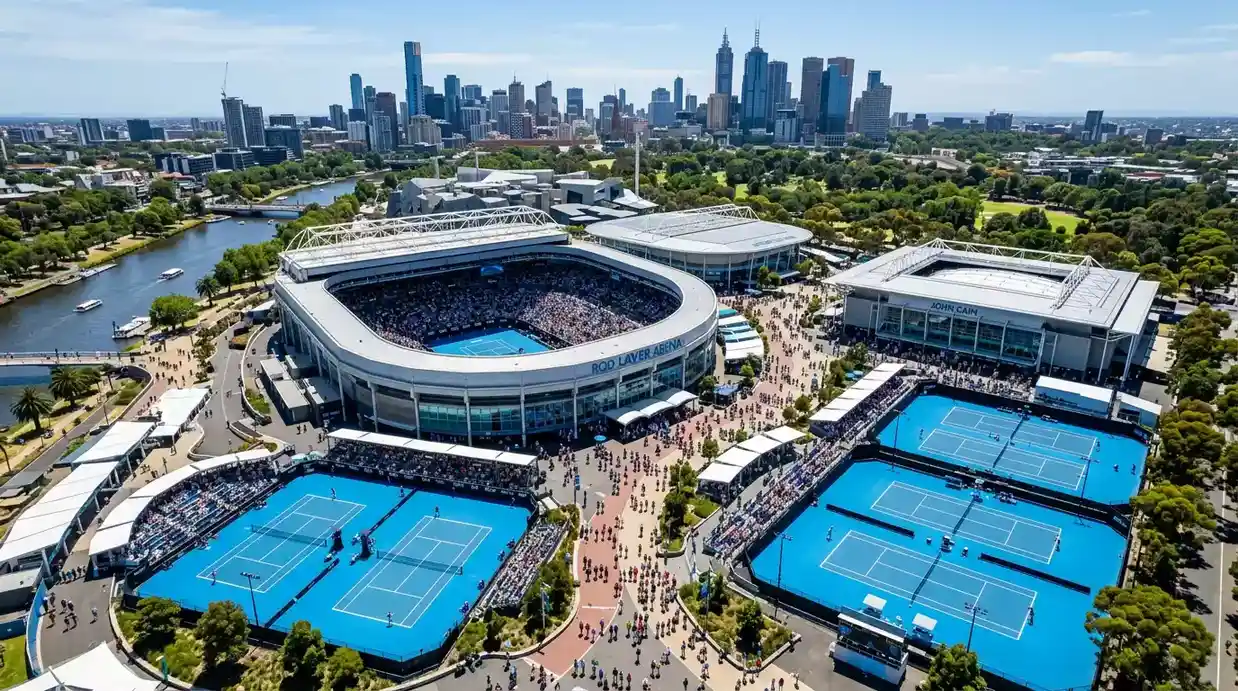 Vista aérea de Melbourne Park durante el Australian Open con las pistas iluminadas y el horizonte de Melbourne