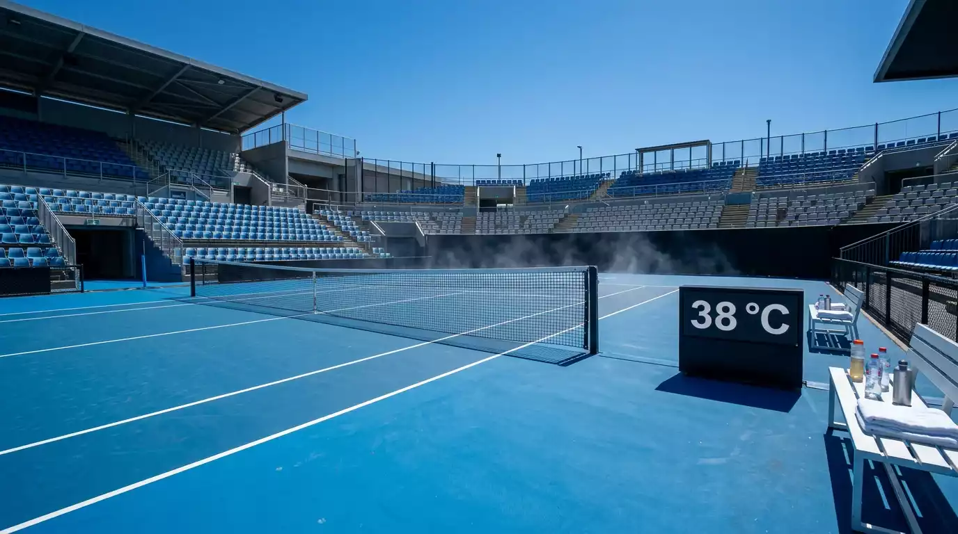 Pista dura GreenSet del Australian Open bajo el sol intenso de enero en Melbourne con el termómetro superando los 35 grados