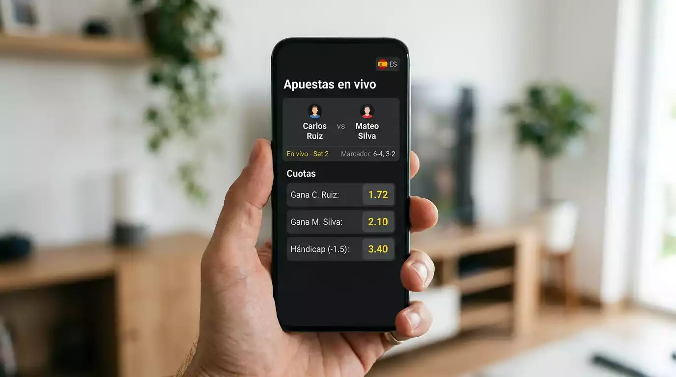 Pantalla de móvil mostrando una plataforma de apuestas de tenis con licencia