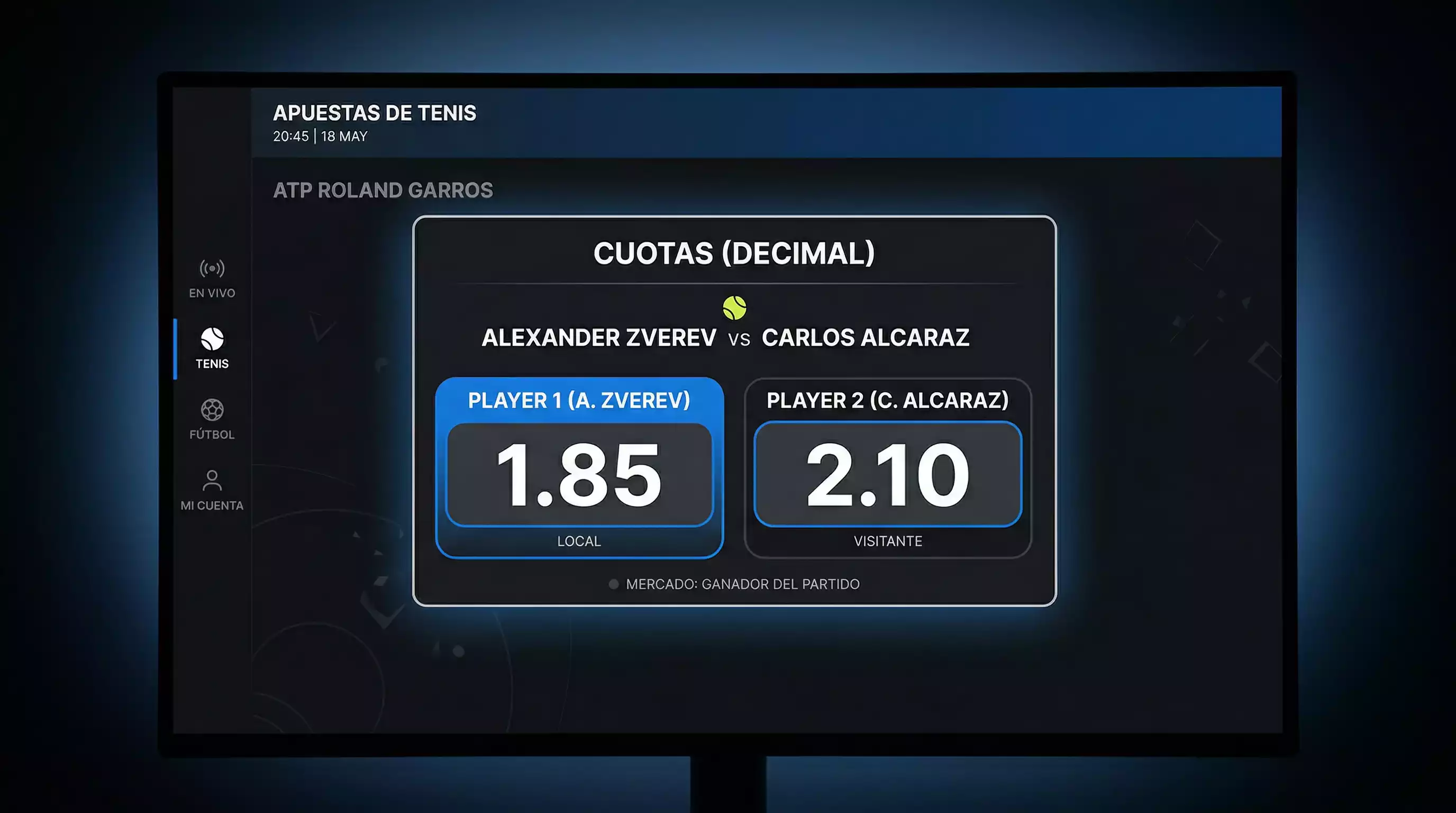 Panel de cuotas decimales de un partido de tenis en pantalla