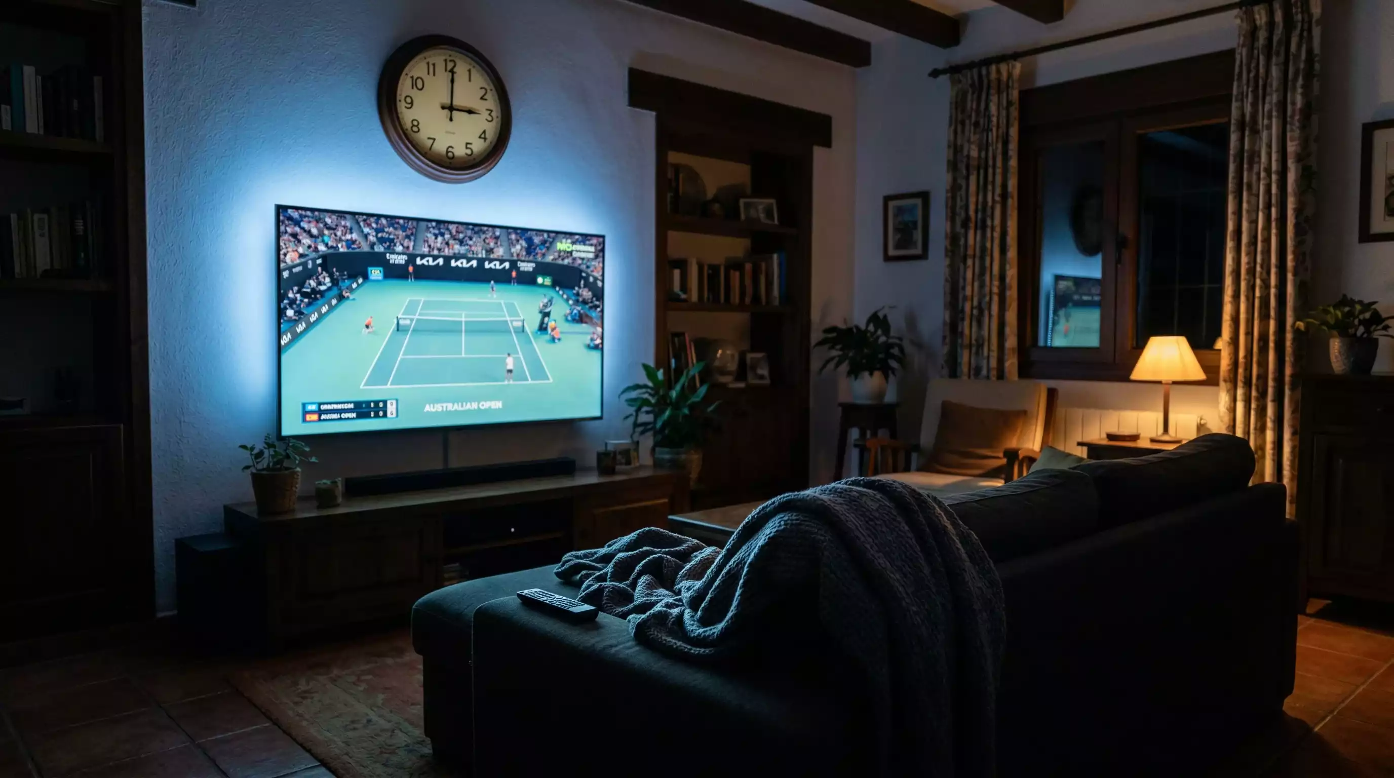 Televisor mostrando un partido del Australian Open en horario nocturno