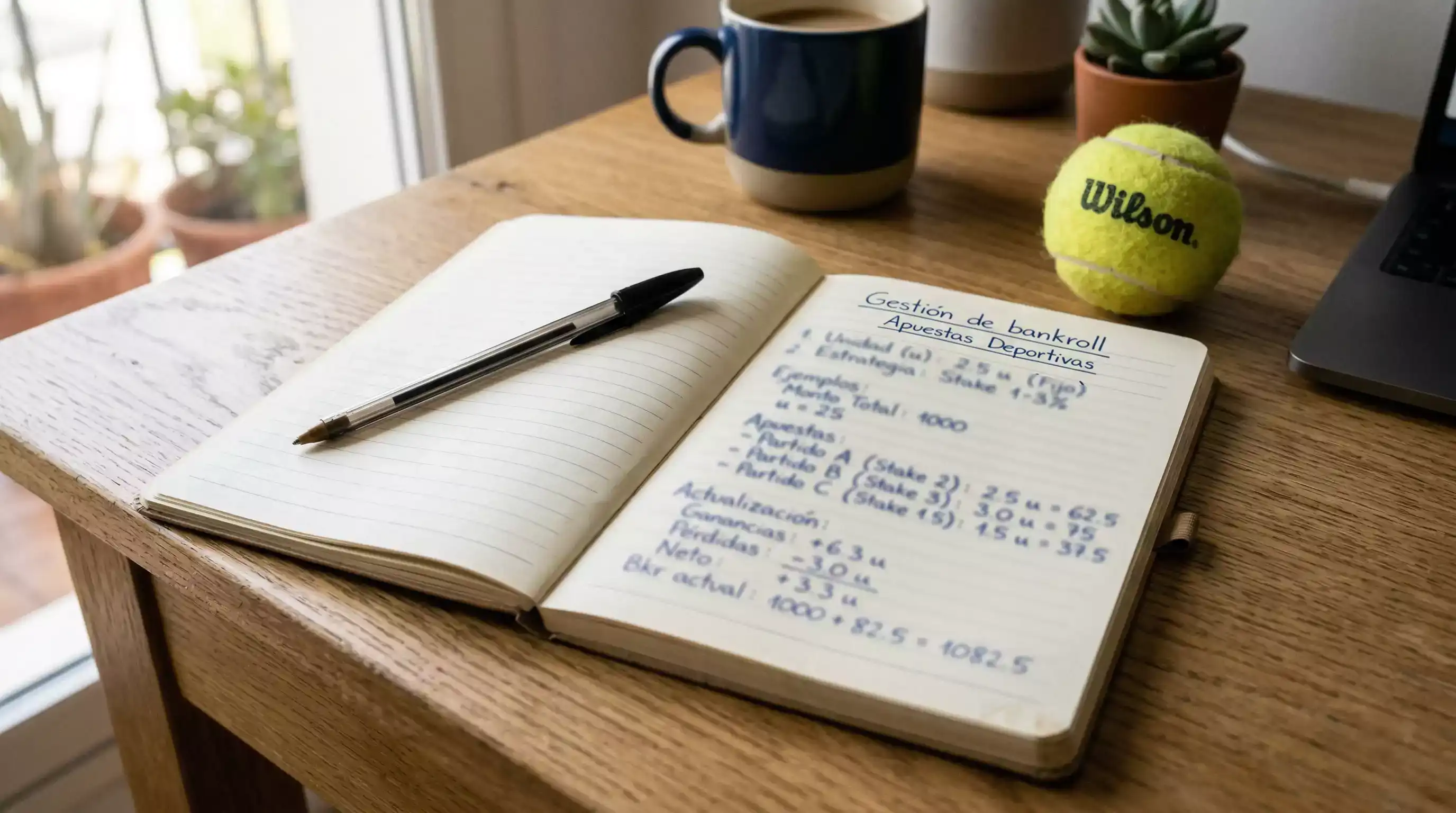 Cuaderno con cálculos de bankroll junto a una pantalla de apuestas de tenis