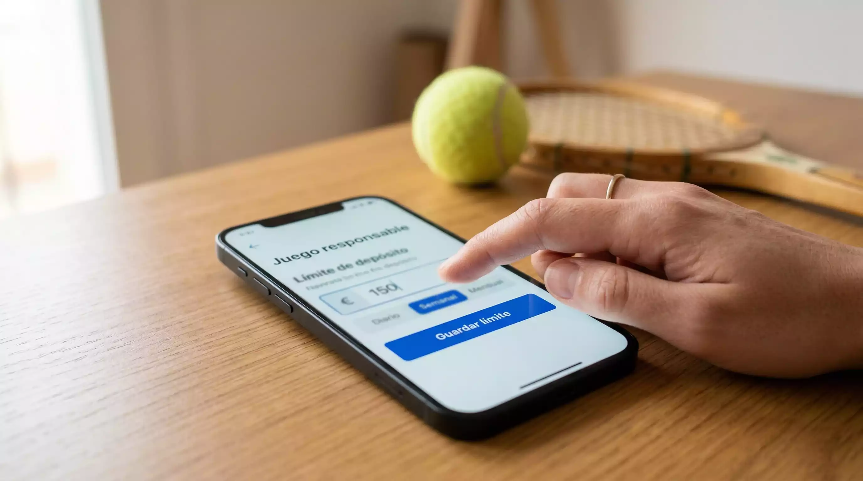 Manos configurando límites de apuesta en una pantalla de móvil