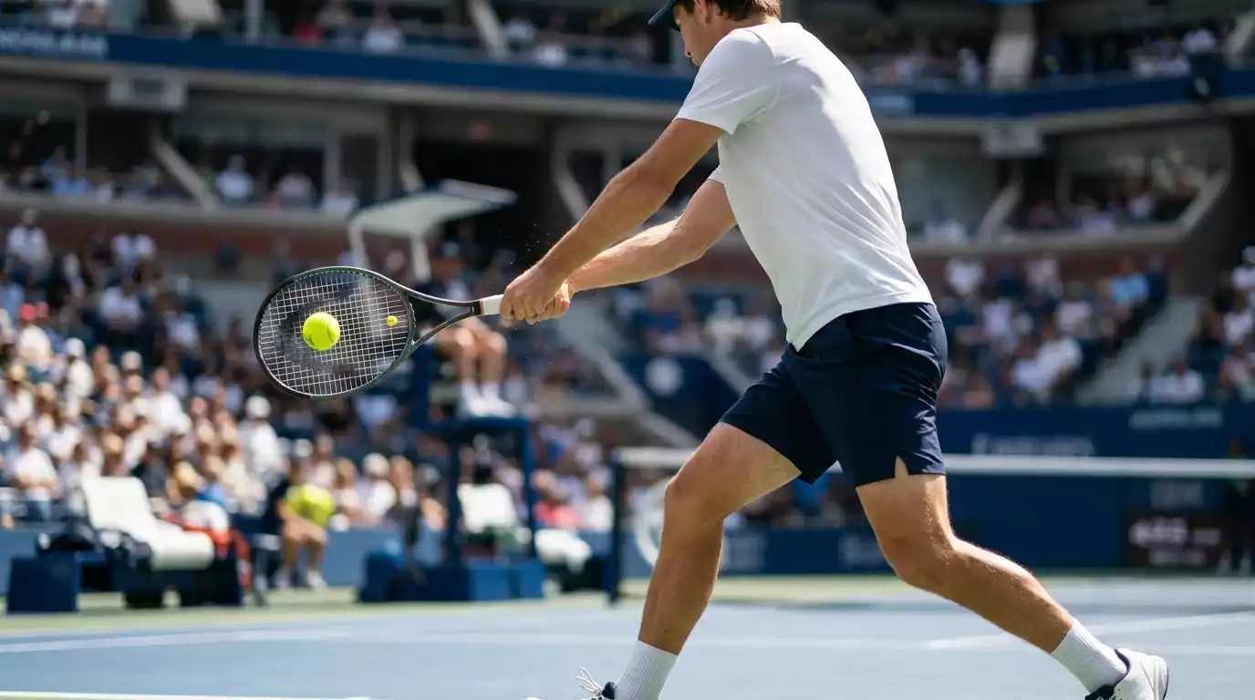 Jugador de tenis compitiendo en pista dura durante un partido de Grand Slam con el estadio lleno