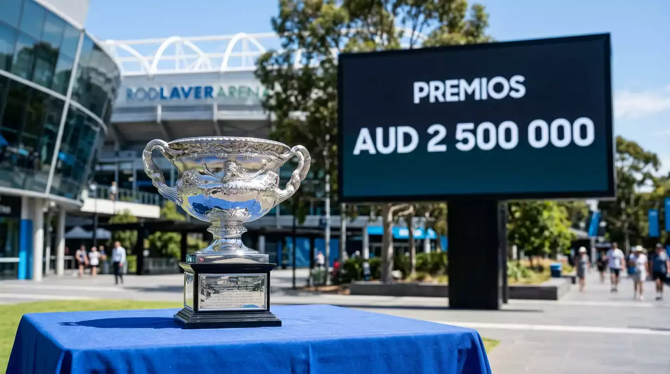 Trofeo del Australian Open 2026 junto al desglose de premios por ronda