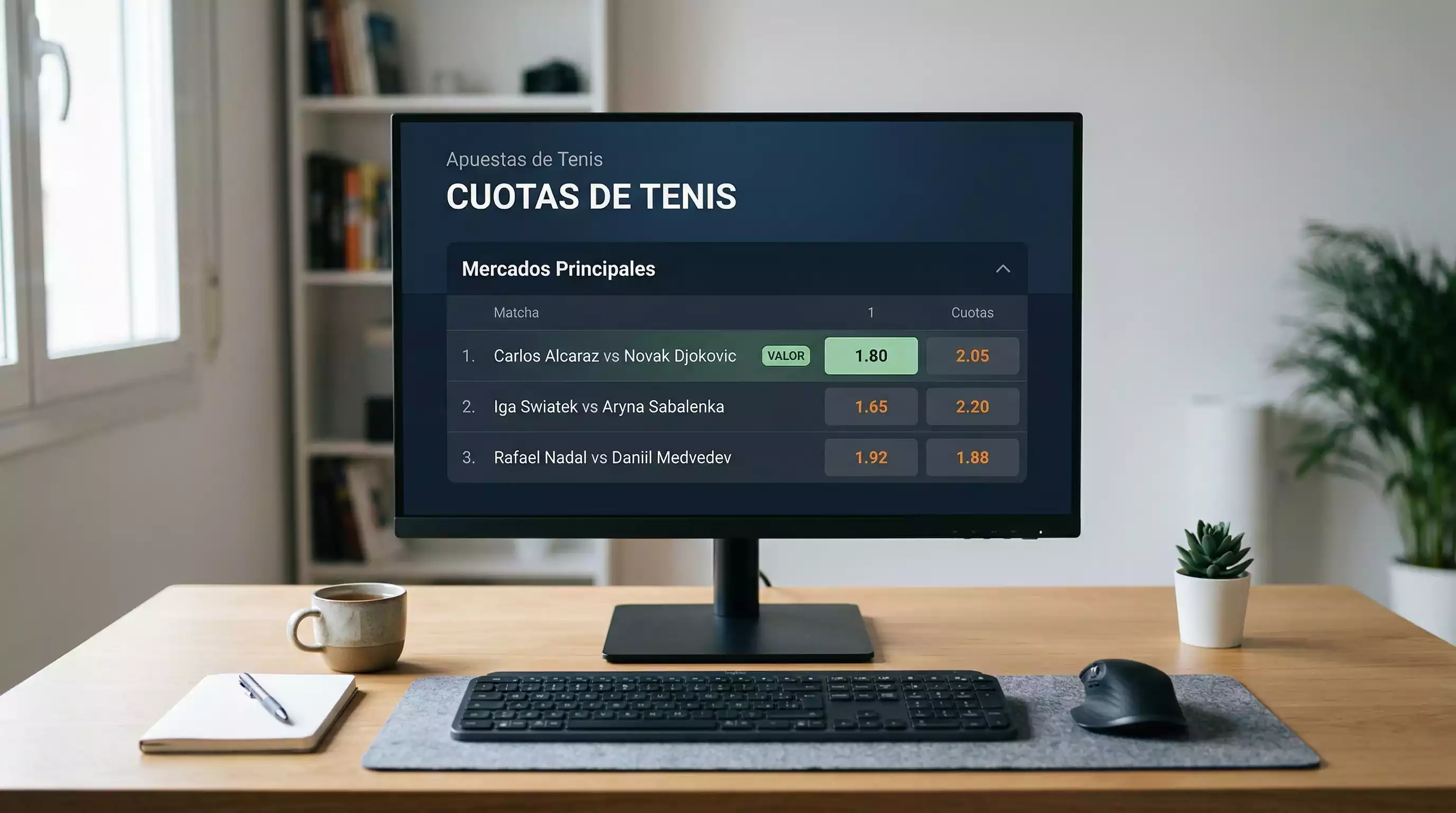 Pantalla de cuotas de apuestas de tenis con análisis de probabilidades